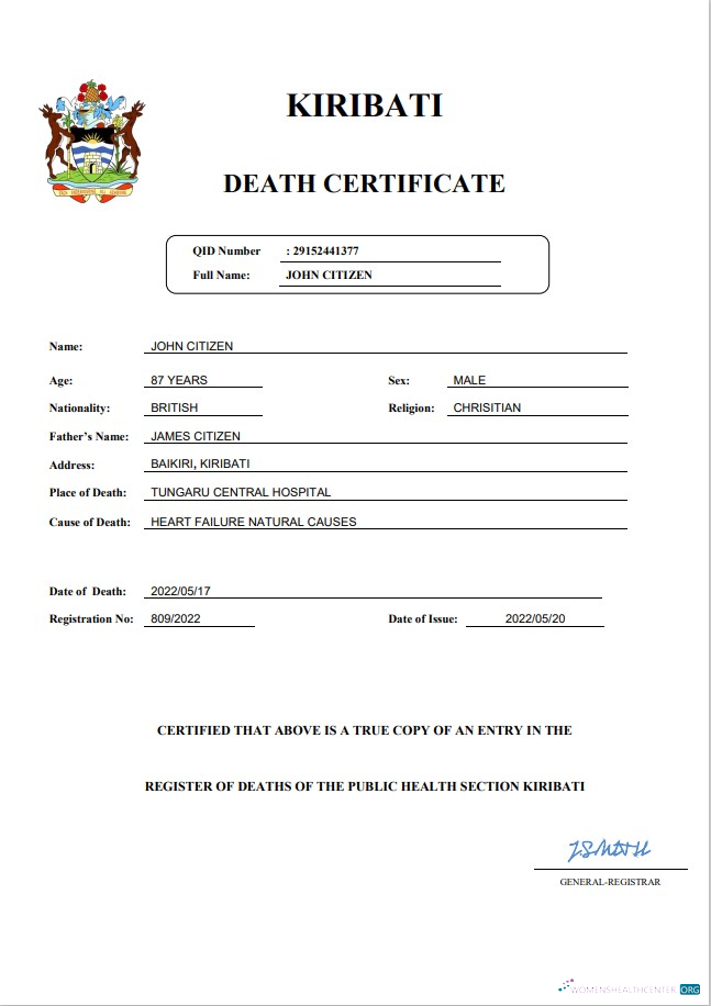Download Kiribati vital record death certificate Word and PDF template Photoshop template